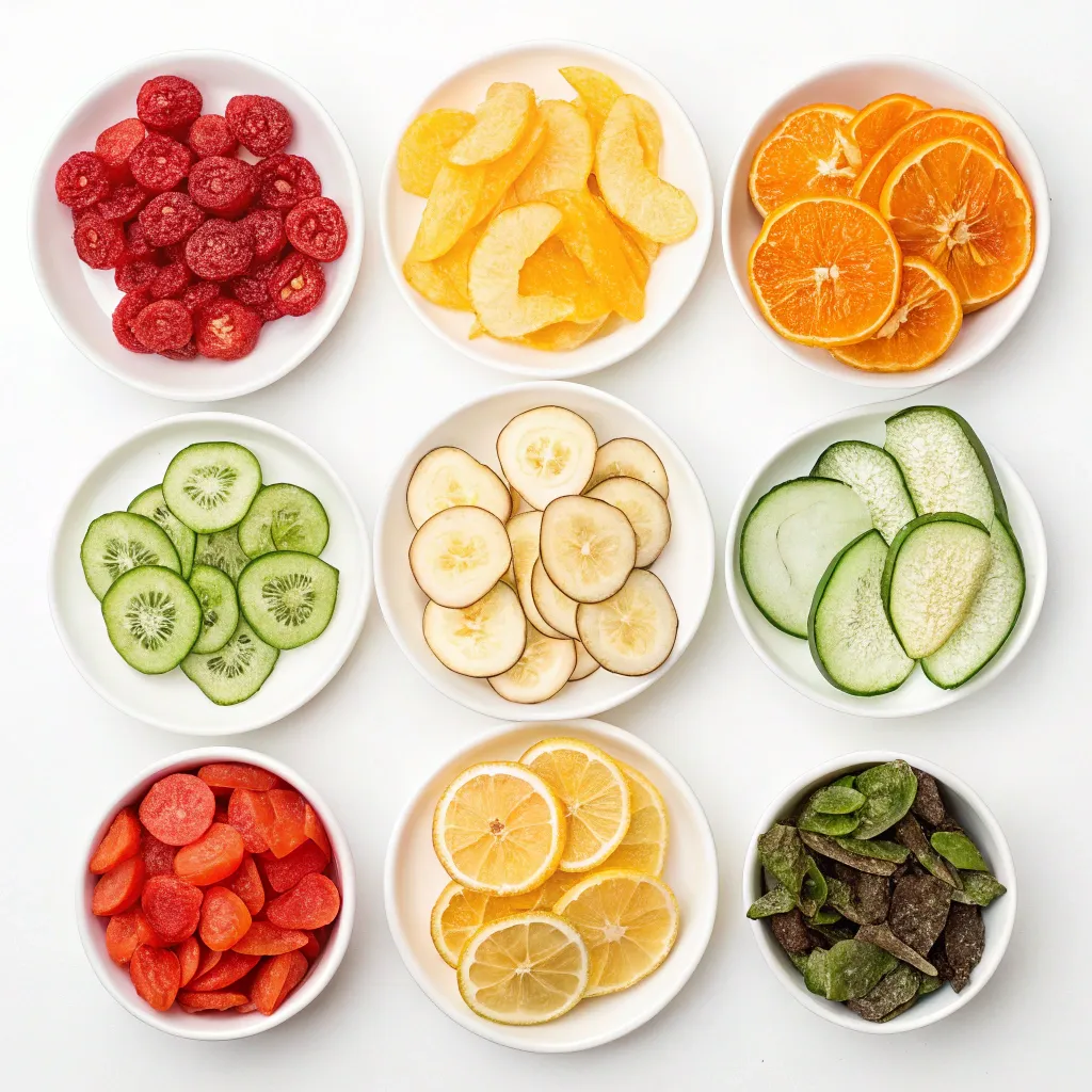 Dehydrated fruits and vegetables neatly arranged